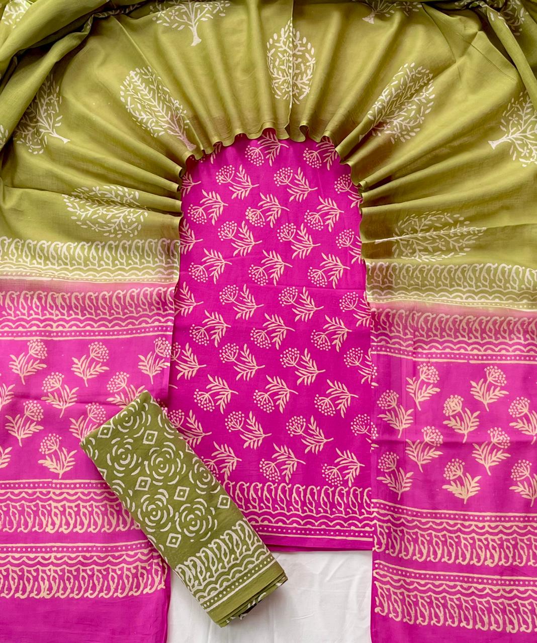 Pure Soft Cotton Hand Block Printed Suit Set With Cotton Dupatta