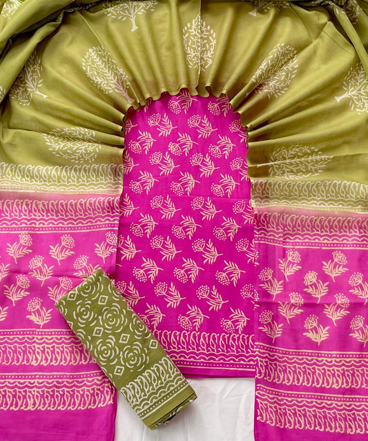 Pure Soft Cotton Hand Block Printed Suit Set With Cotton Dupatta