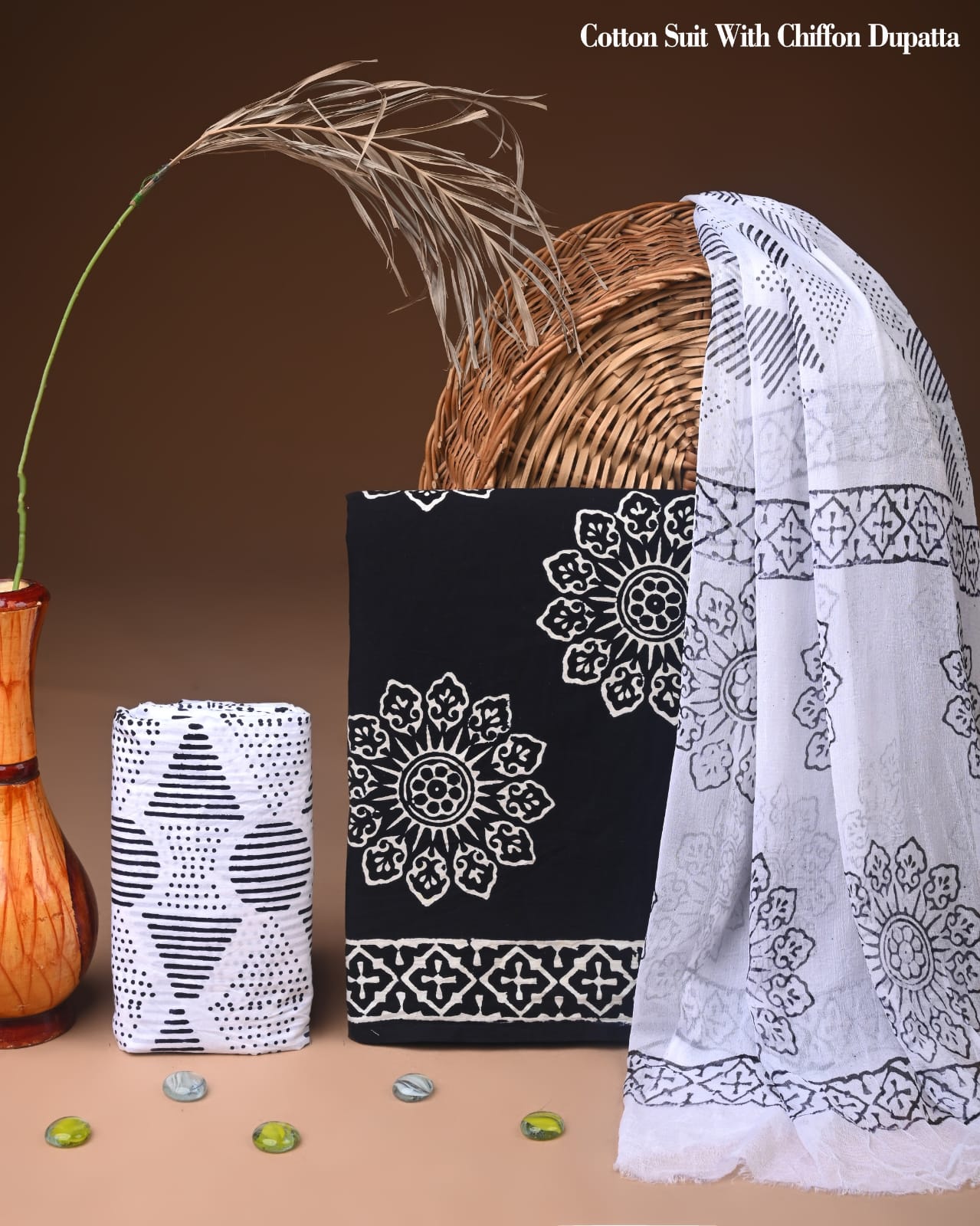 Pure Cotton Hand Block Printed Suit Set With Chiffon Dupatta
