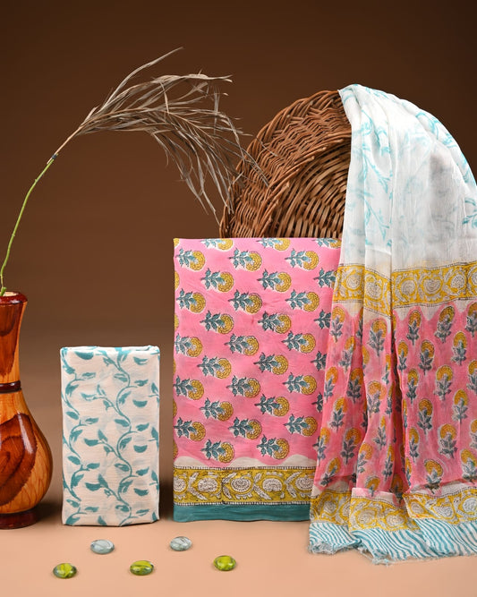 Pure Cotton Hand Block Printed Suit Set With Chiffon Dupatta