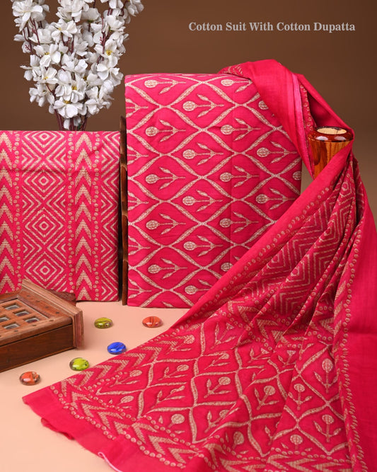Designer Hand Block Printed Cotton Suit Set With Cotton Dupatta
