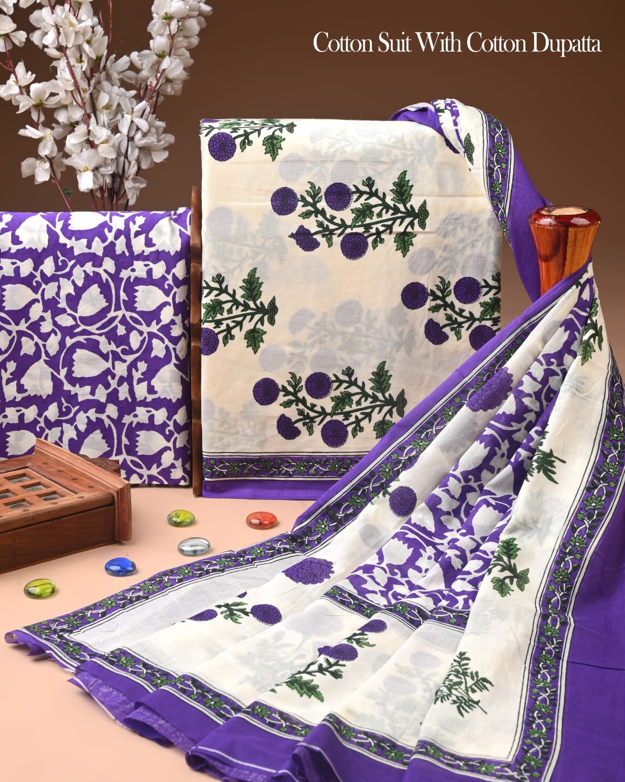 Pure Soft Cotton Hand Block Printed Suit Set With Cotton Dupatta