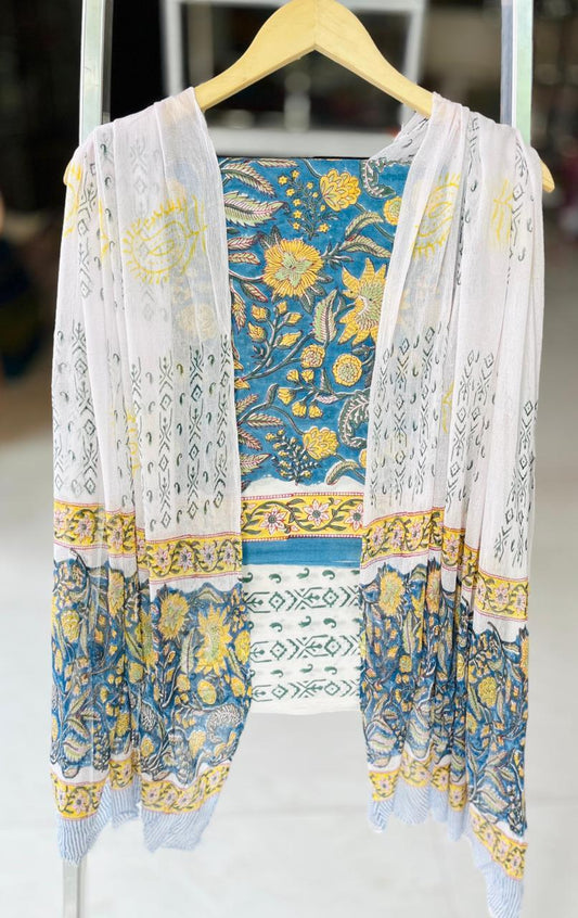 Pure Soft Cotton Hand Block Printed Suit Set With Chiffon Dupatta