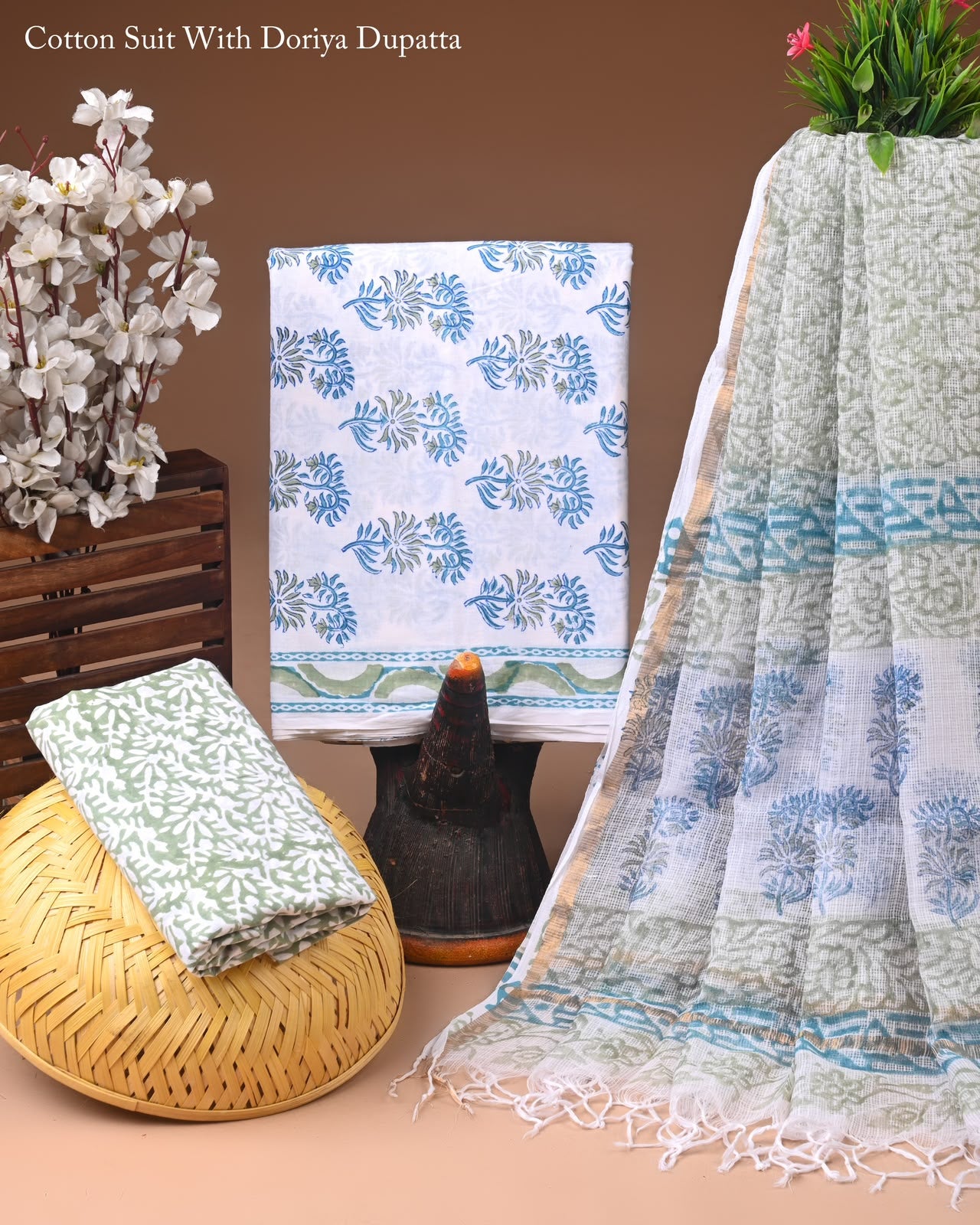 Pure Cotton Hand Block Printed Suit Set With Kota Doria Dupatta