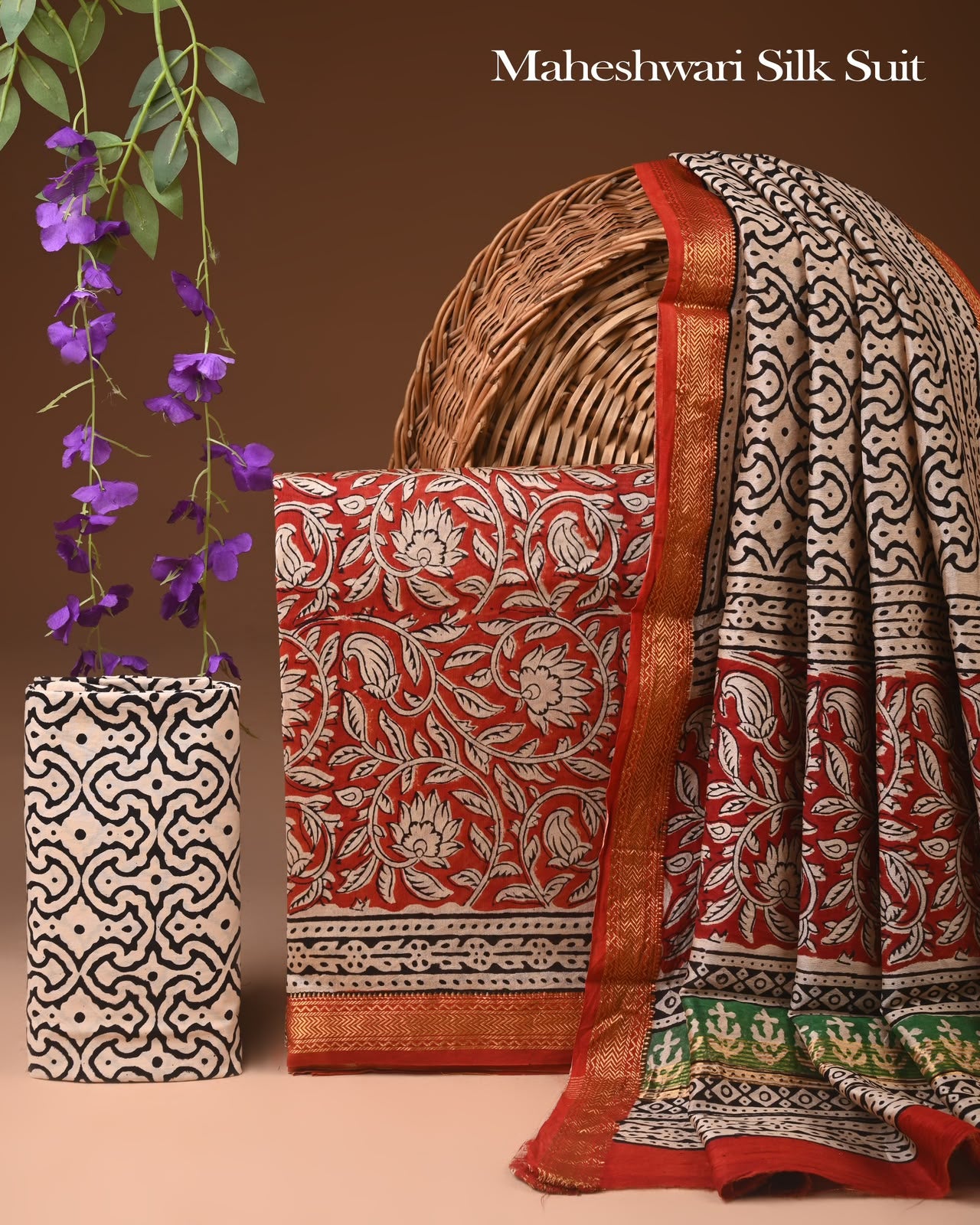 Premium Designer Handblock Printed Maheshwari Silk Suit Set