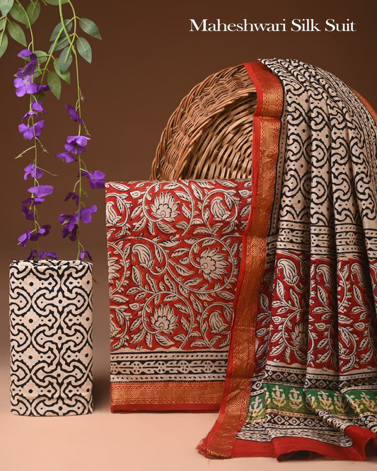 Premium Designer Handblock Printed Maheshwari Silk Suit Set