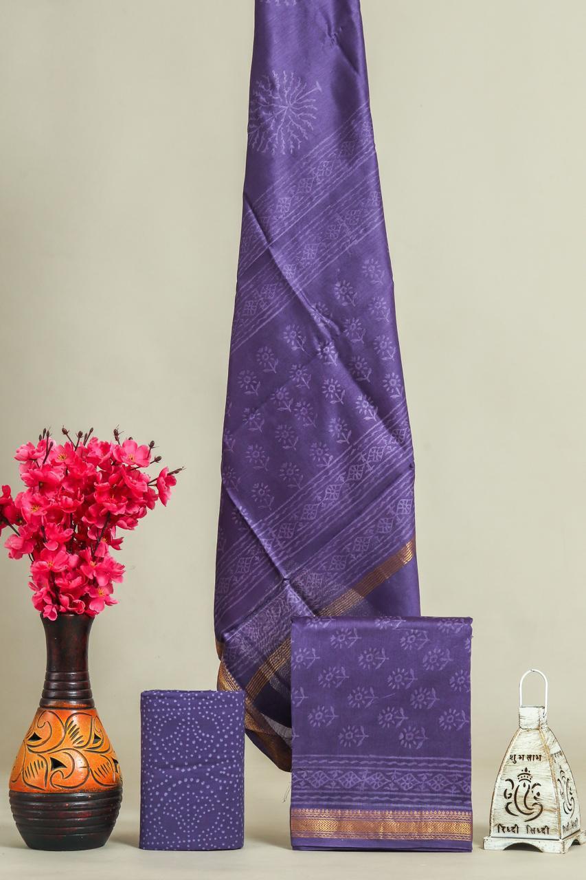 Designer Handblock Printed Maheshwari Silk Suit Set