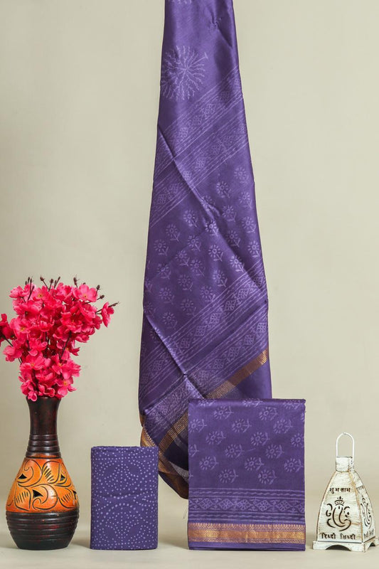 Designer Handblock Printed Maheshwari Silk Suit Set