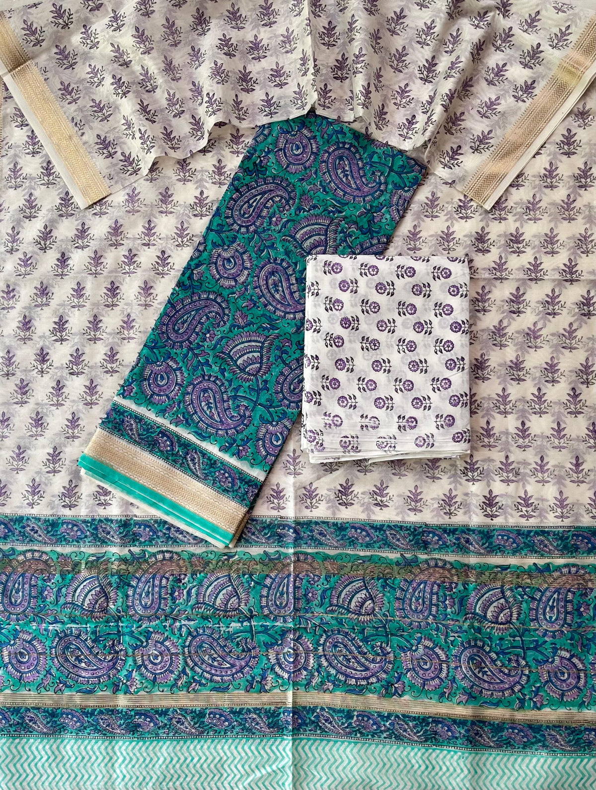 Premium Designer Handblock Printed Maheshwari Silk Suit Set