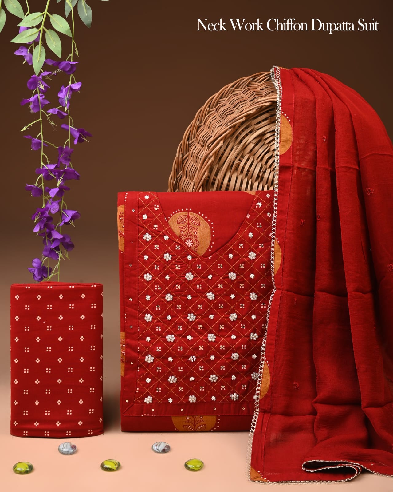 Premium Gota Patti Work Cotton Suit Set With Chiffon Dupatta