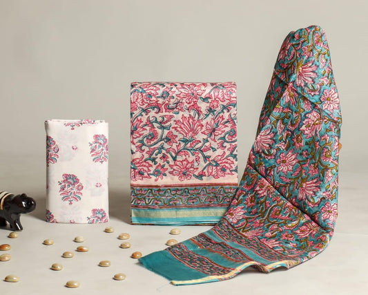 Designer Handblock Printed Chanderi Silk Suit Set