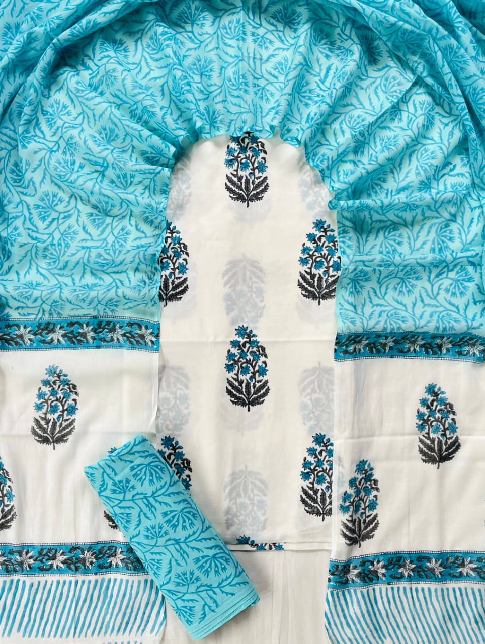 Pure Soft Cotton Hand Block Printed Suit Set With Cotton Dupatta