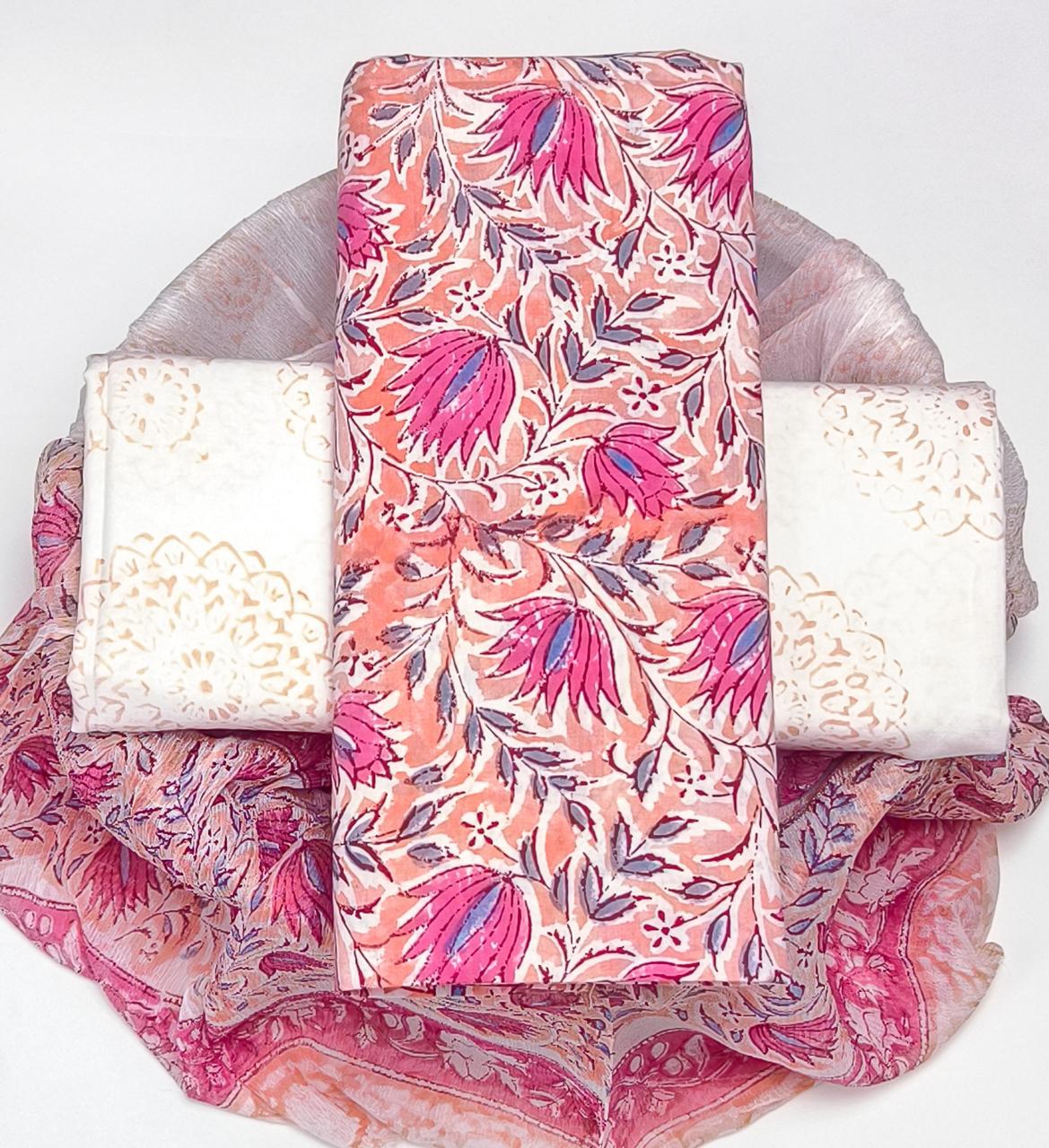 Pure Cotton Hand Block Printed Suit Set With Chiffon Dupatta