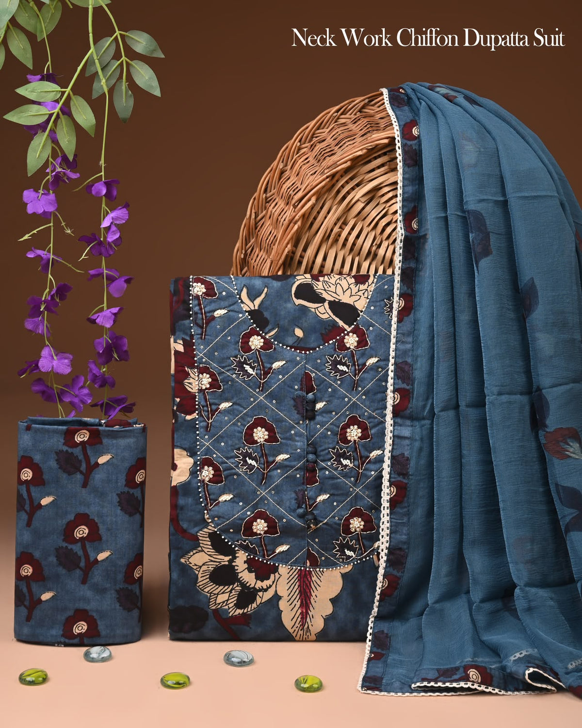 Premium Gota Patti Work Cotton Suit Set With Chiffon Dupatta