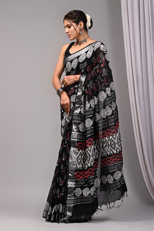 Pure Cotton Linen Handblock Printed Saree With Blouse