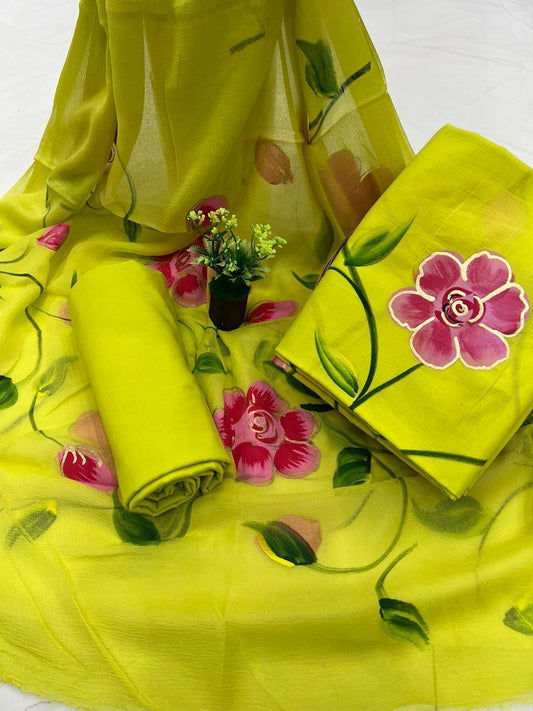Pure Cotton Hand Block Printed Suit Set With Chiffon Dupatta