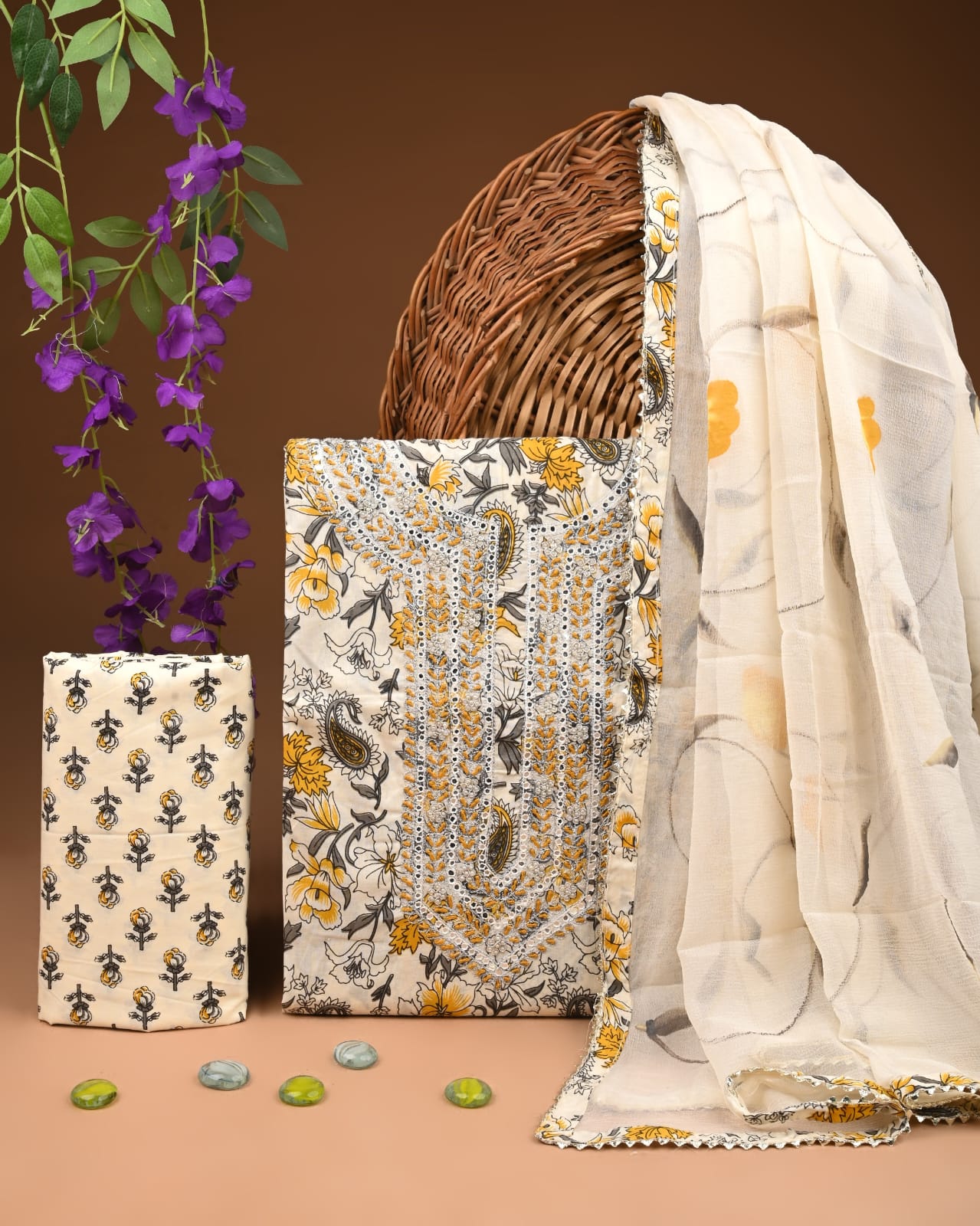 Premium Gota Patti Work Cotton Suit Set With Chiffon Dupatta