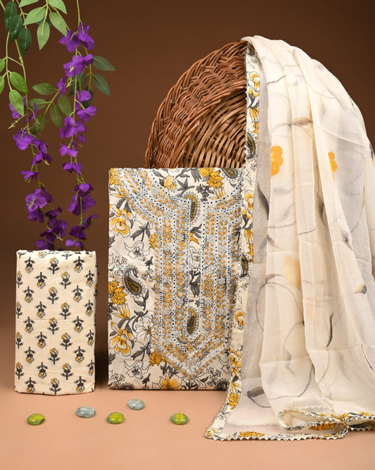 Premium Gota Patti Work Cotton Suit Set With Chiffon Dupatta