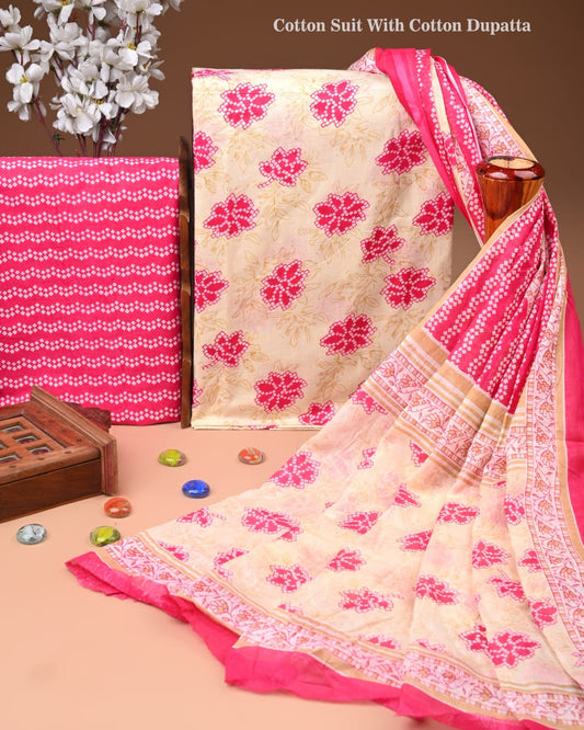 Designer Hand Block Printed Cotton Suit Set With Cotton Dupatta