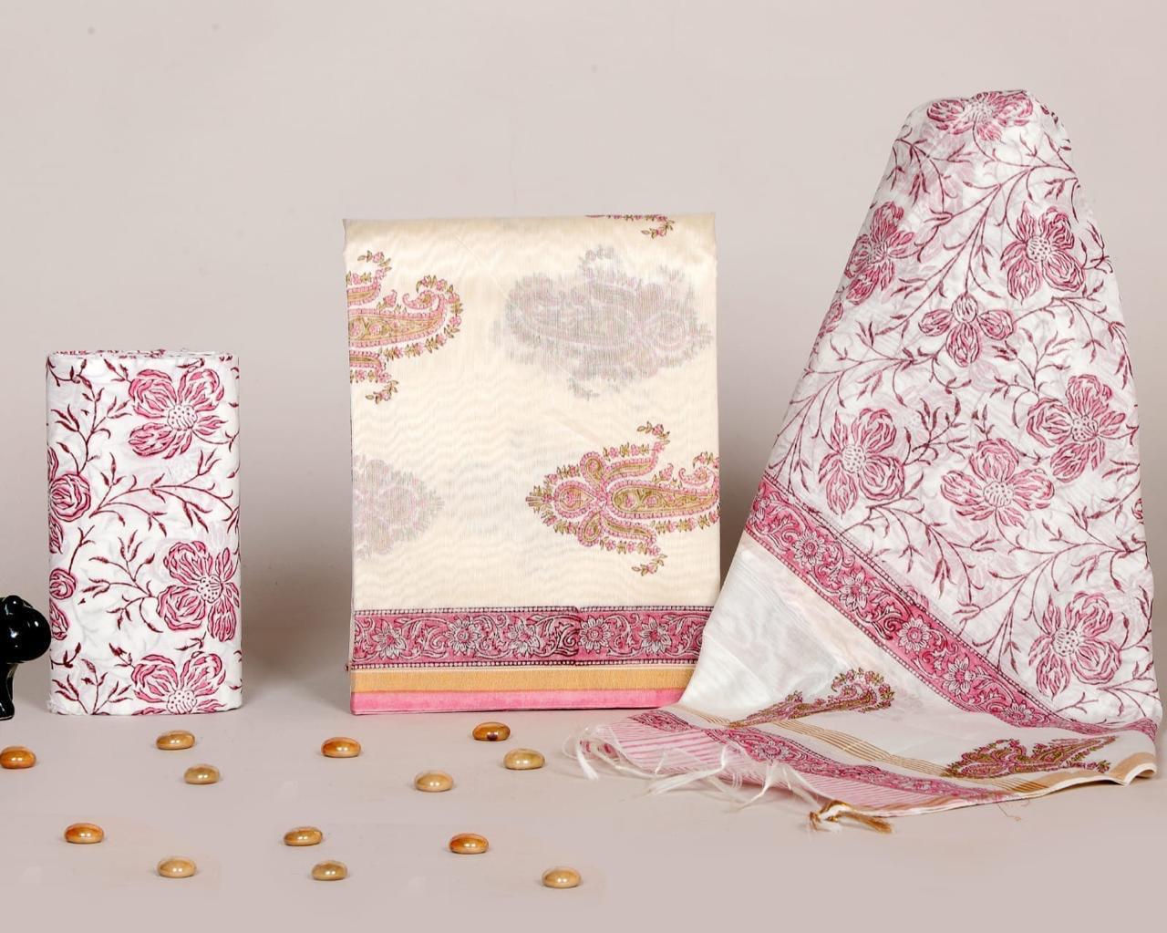 Designer Handblock Printed Chanderi Silk Suit Set