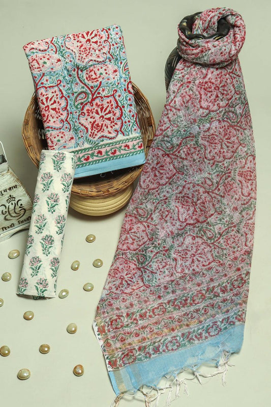 Pure Cotton Hand Block Printed Suit Set With Kota Doria Dupatta