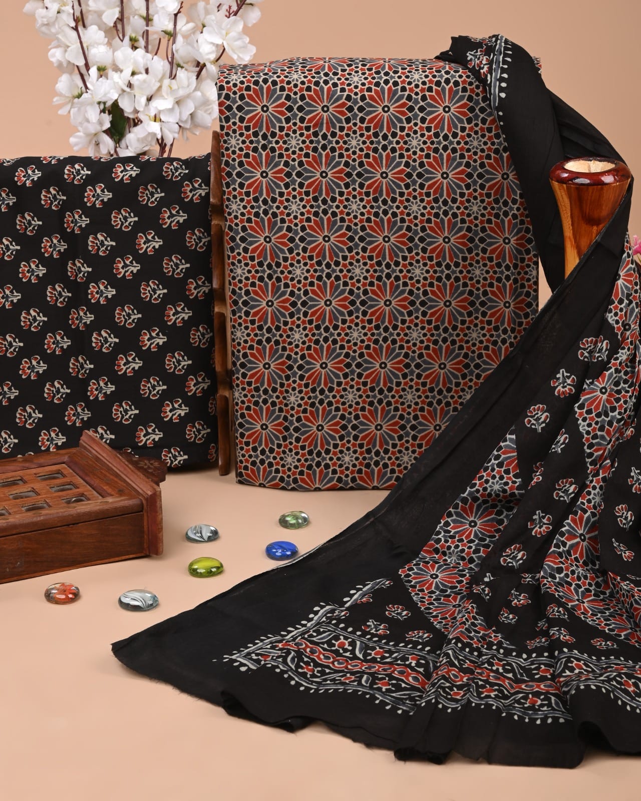 Designer Hand Block Printed Cotton Suit Set With Cotton Dupatta