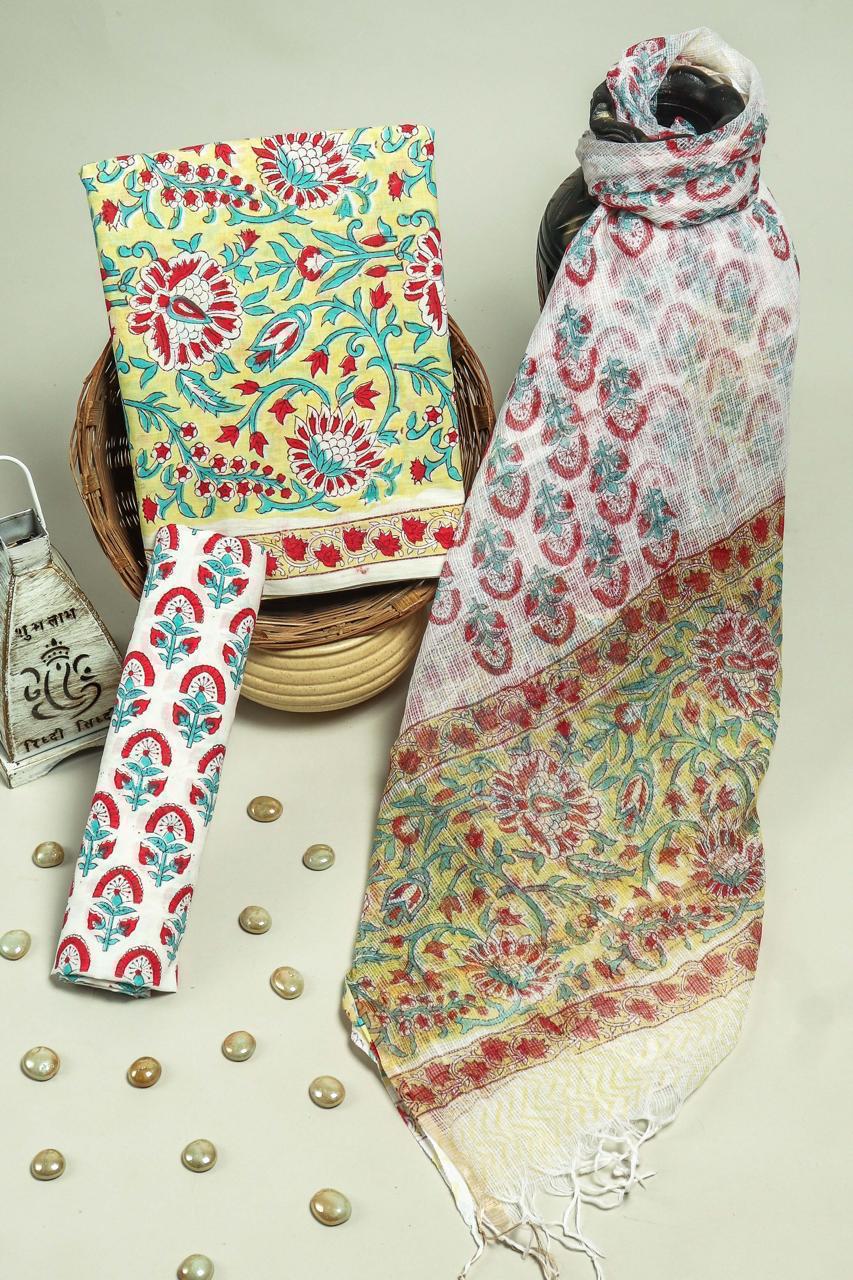 Pure Cotton Hand Block Printed Suit Set With Kota Doria Dupatta
