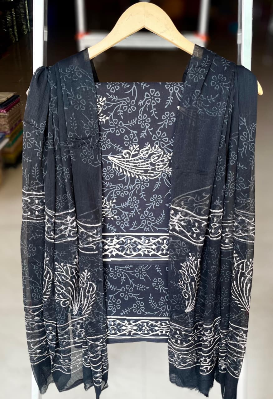 Pure Cotton Hand Block Printed Suit Set With Chiffon Dupatta