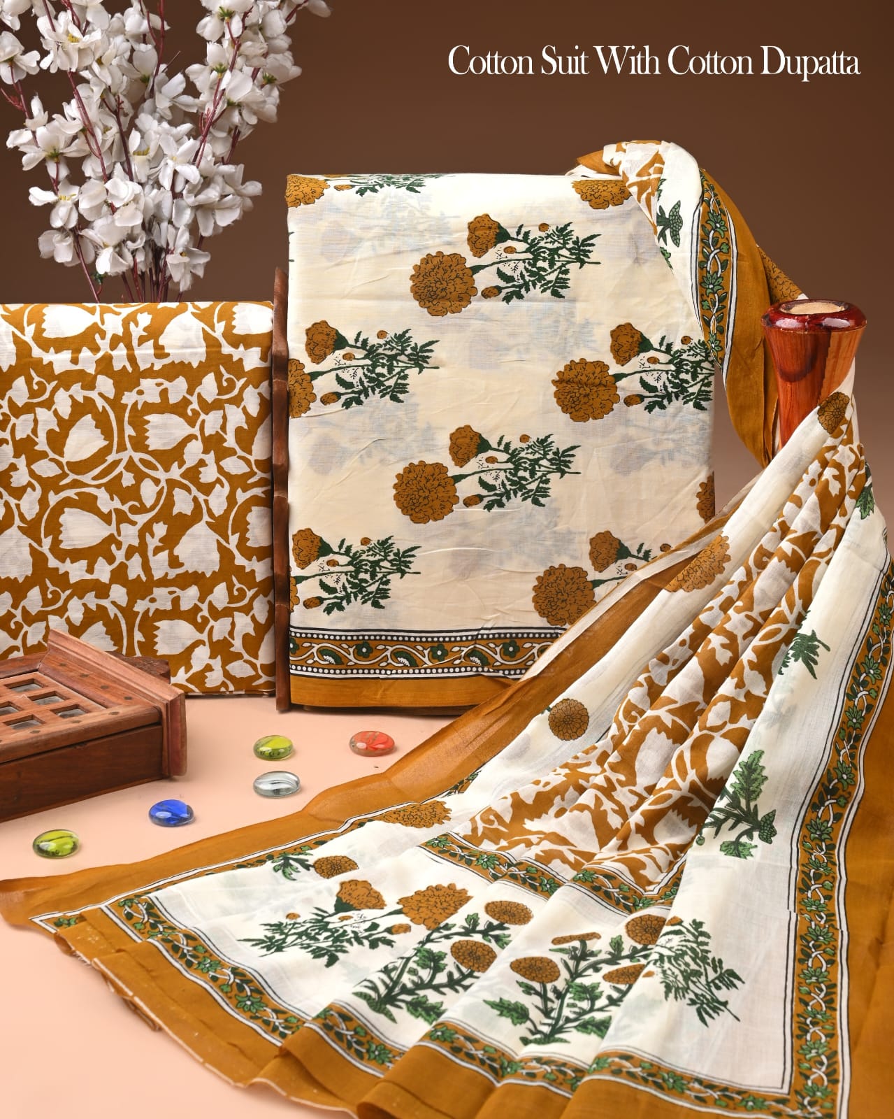 Pure Soft Cotton Hand Block Printed Suit Set With Cotton Dupatta