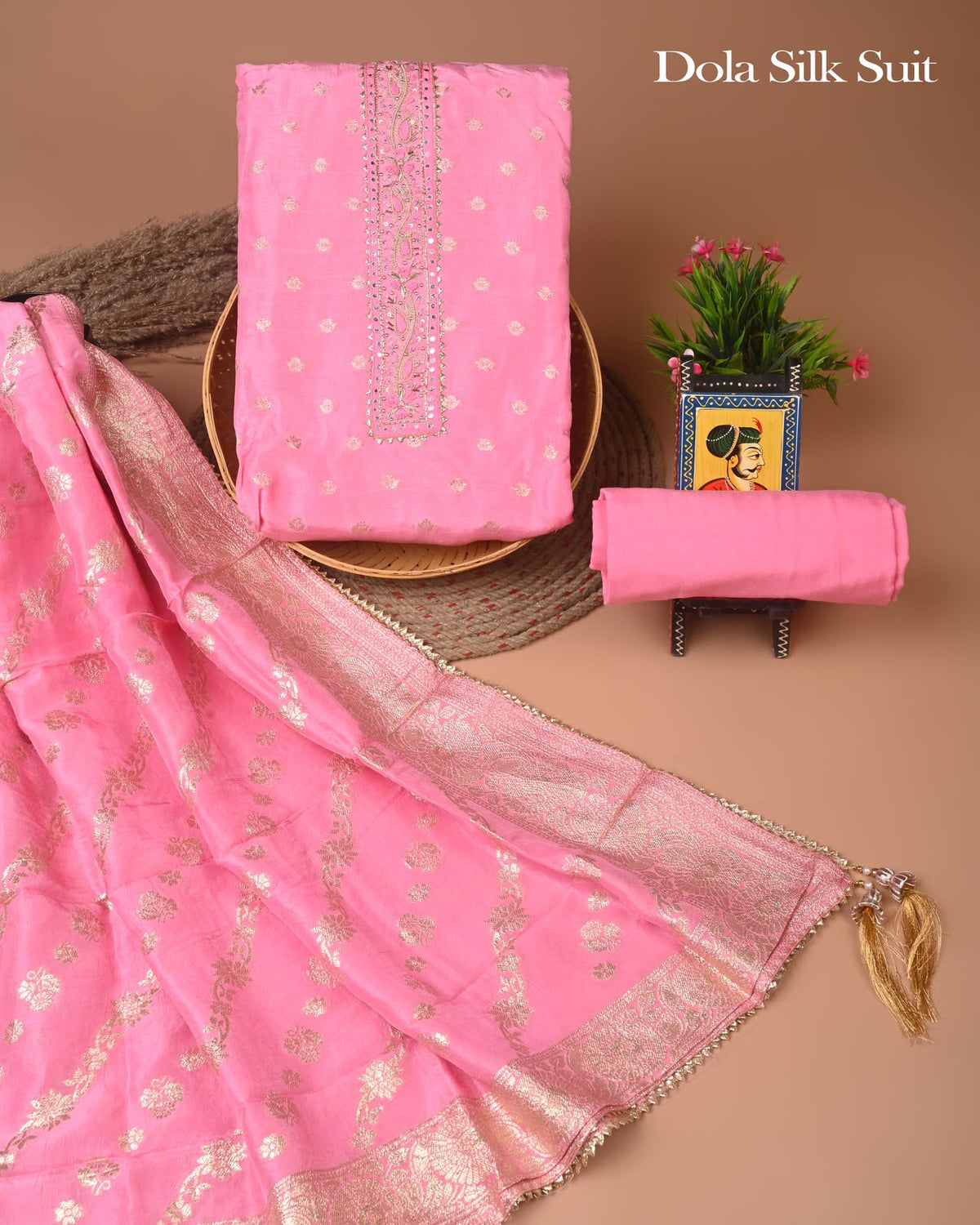 Premium Heavy Neck Work Dola Silk Suit Set