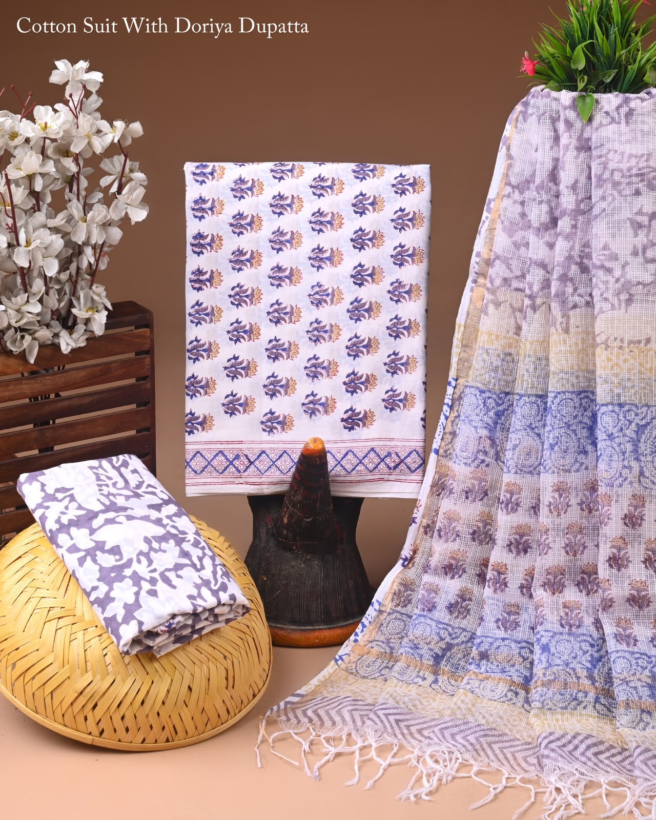 Pure Cotton Hand Block Printed Suit Set With Kota Doria Dupatta