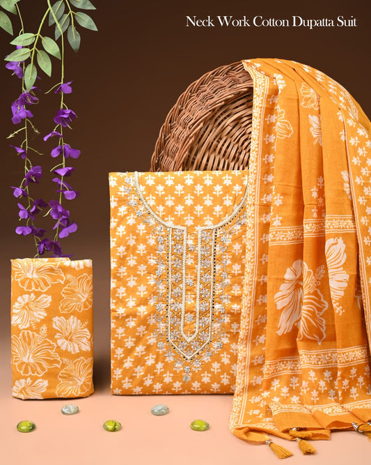 Premium Gota Patti Work Cotton Suit Set With Chiffon Dupatta
