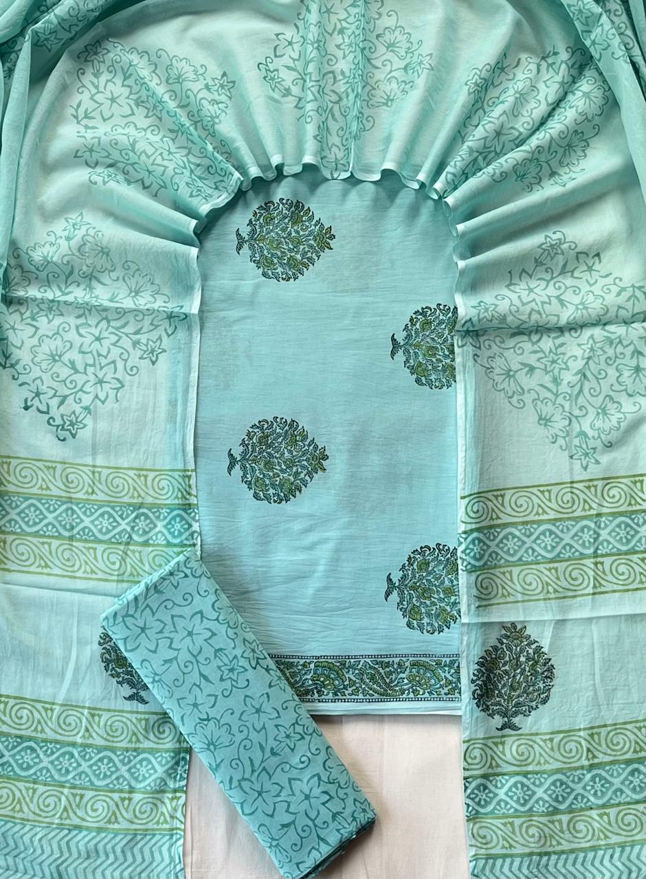 Pure Soft Cotton Hand Block Printed Suit Set With Cotton Dupatta