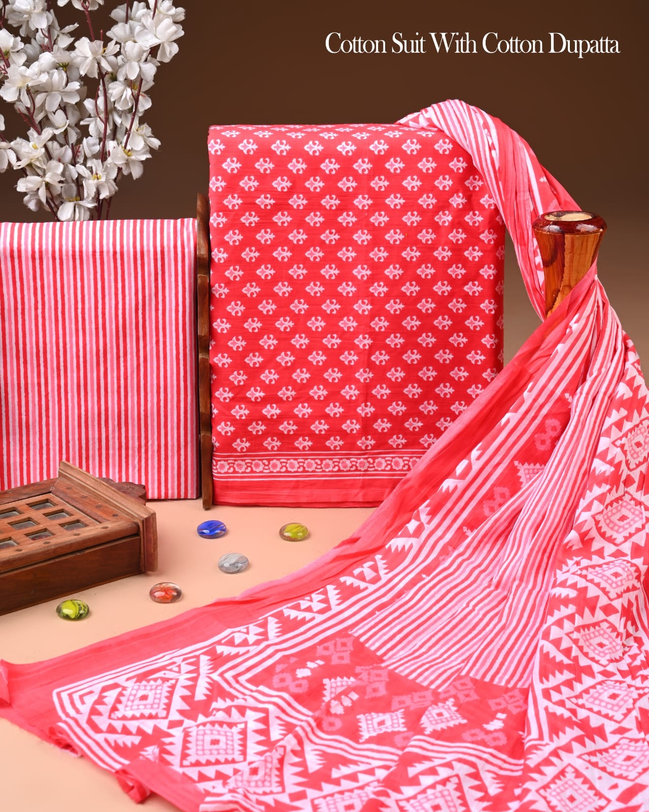 Designer Hand Block Printed Cotton Suit Set With Cotton Dupatta