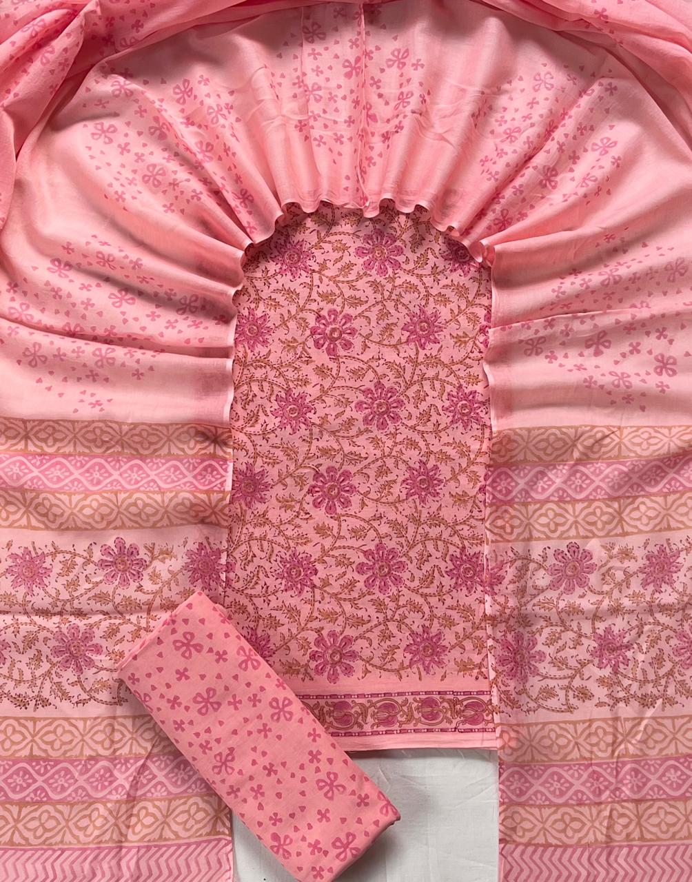 Pure Soft Cotton Hand Block Printed Suit Set With Cotton Dupatta