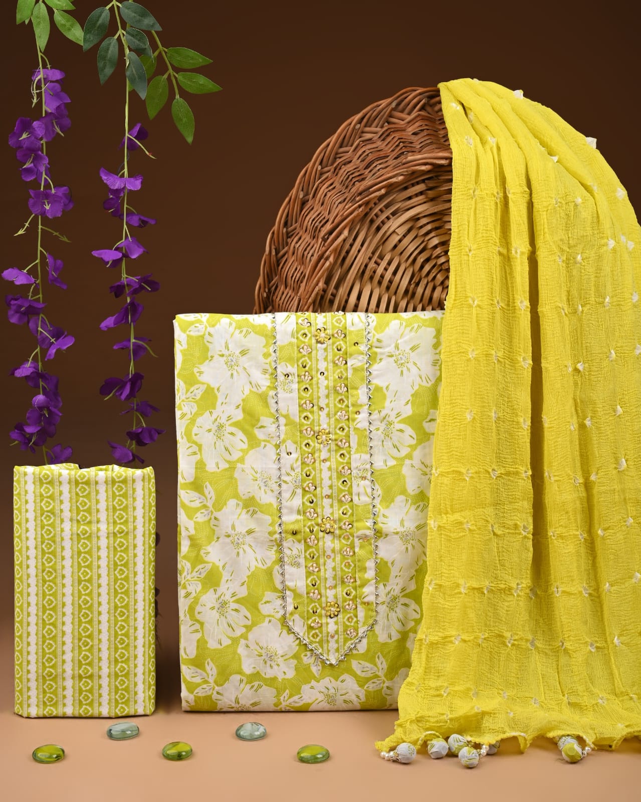 Premium Gota Patti Work Cotton Suit Set With Chiffon Dupatta