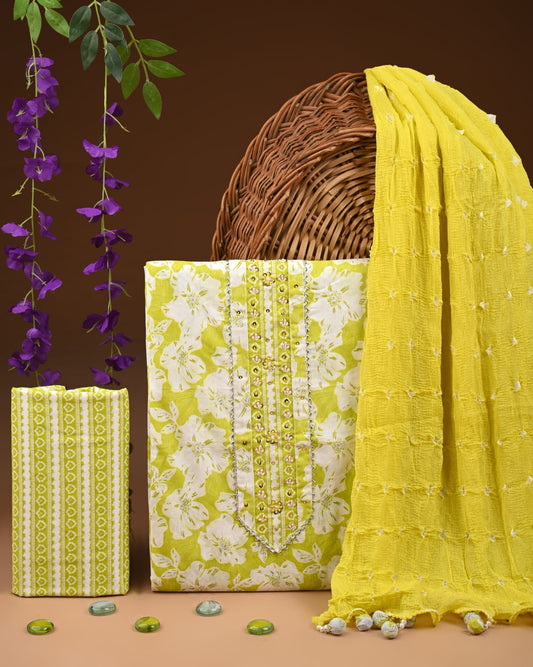 Premium Gota Patti Work Cotton Suit Set With Chiffon Dupatta