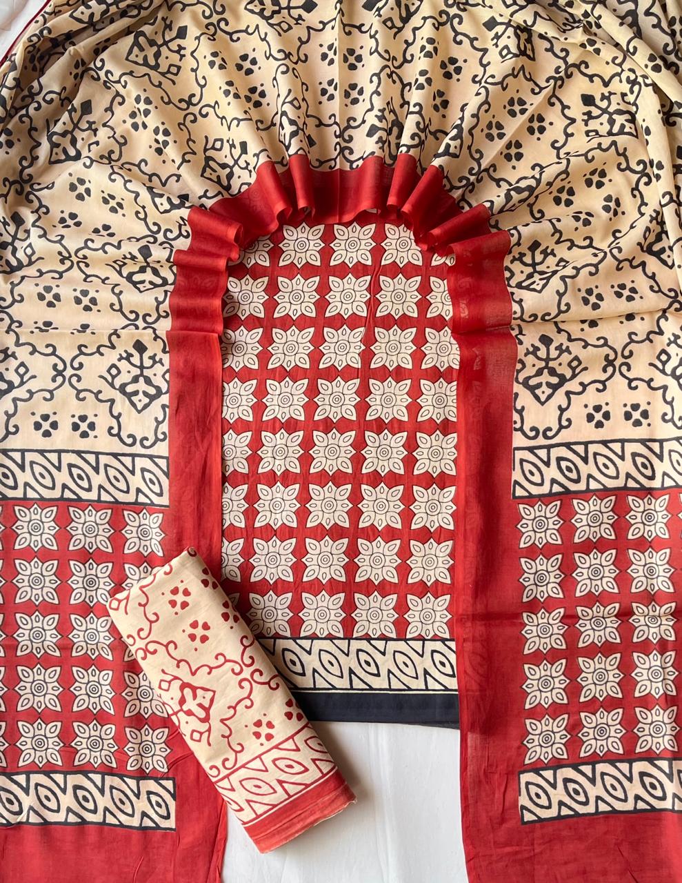 Pure Soft Cotton Hand Block Printed Suit Set With Cotton Dupatta