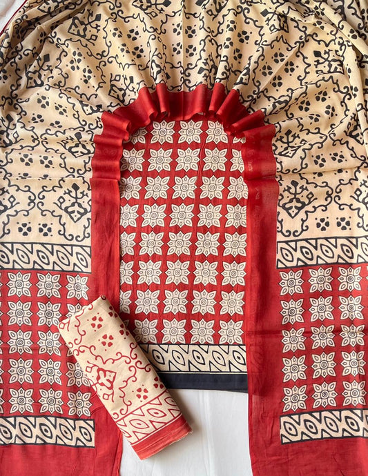 Pure Soft Cotton Hand Block Printed Suit Set With Cotton Dupatta