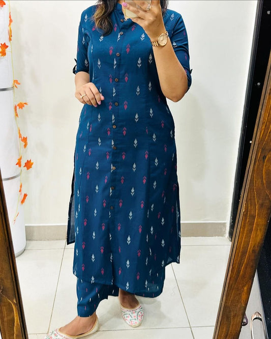 Premium Floral Fine Cotton Printed A-Line Pattern Kurti-Palazzo Set