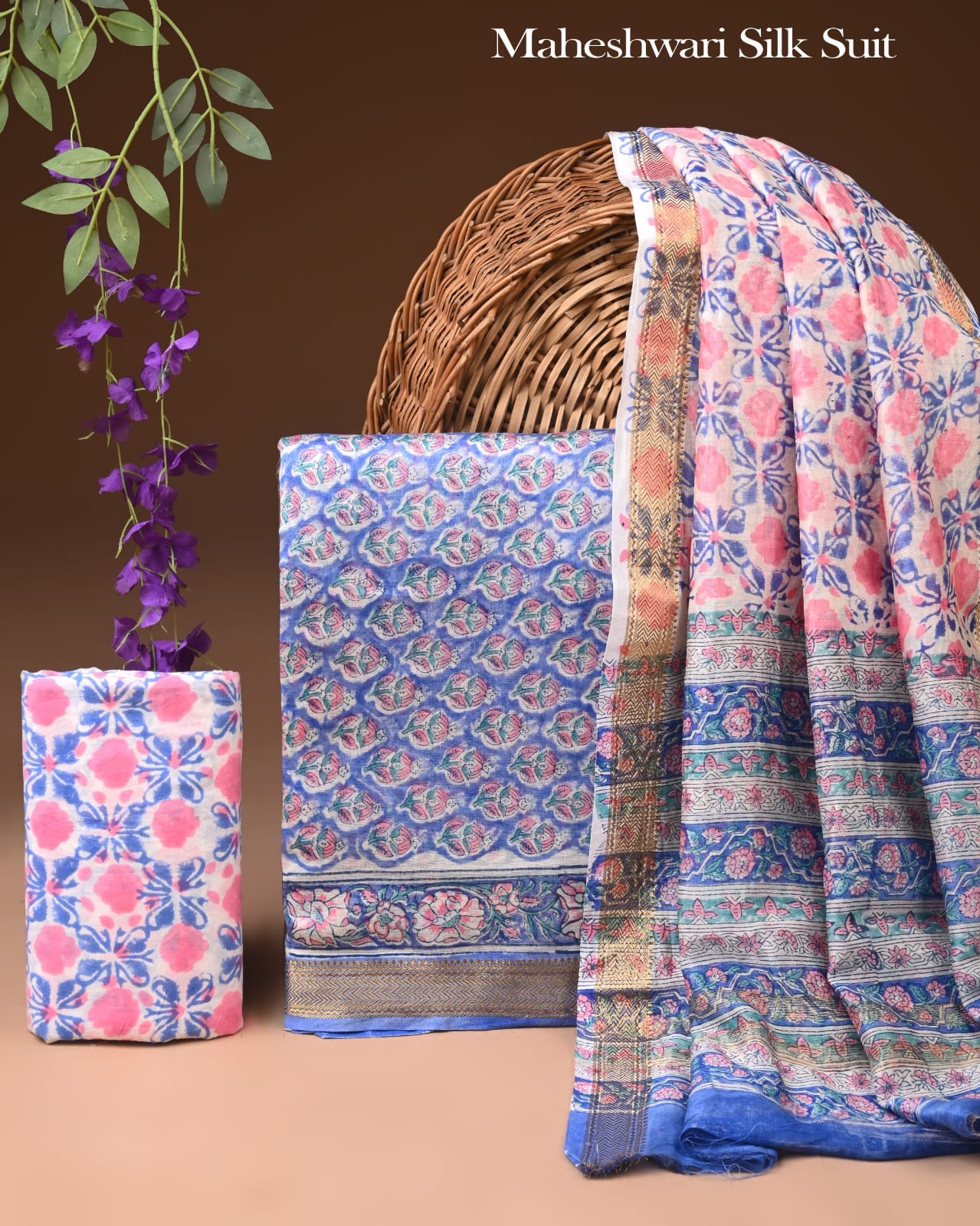 Premium Designer Handblock Printed Maheshwari Silk Suit Set