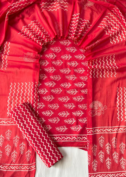 Pure Soft Cotton Hand Block Printed Suit Set With Cotton Dupatta