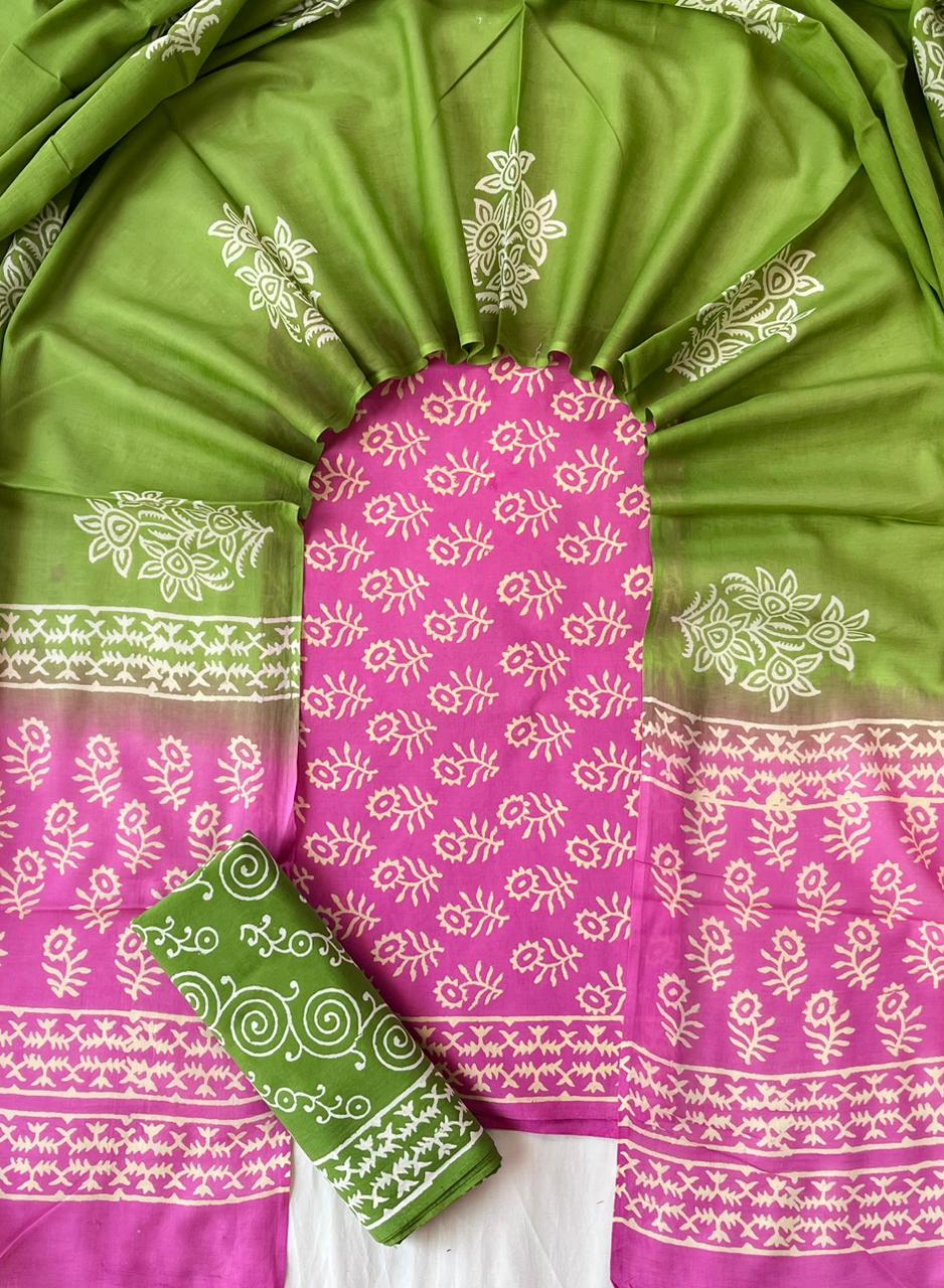 Pure Soft Cotton Hand Block Printed Suit Set With Cotton Dupatta