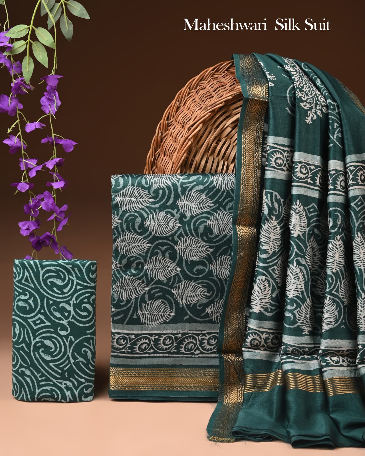 Premium Designer Handblock Printed Maheshwari Silk Suit Set