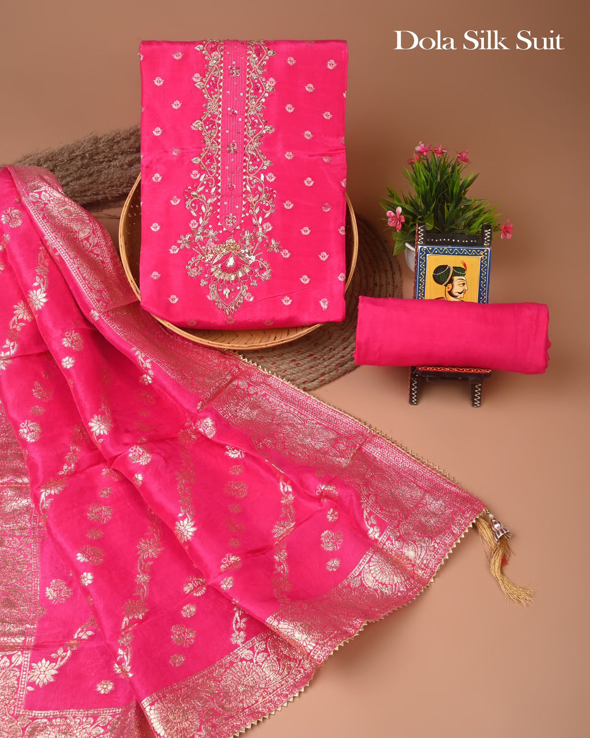 Premium Heavy Neck Work Dola Silk Suit Set