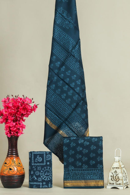 Designer Handblock Printed Maheshwari Silk Suit Set
