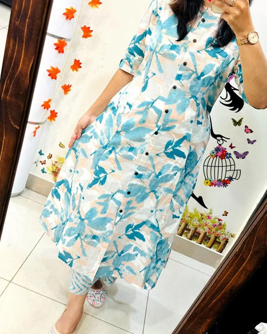 Premium Floral Fine Cotton Printed A-Line Pattern Kurti-Palazzo Set