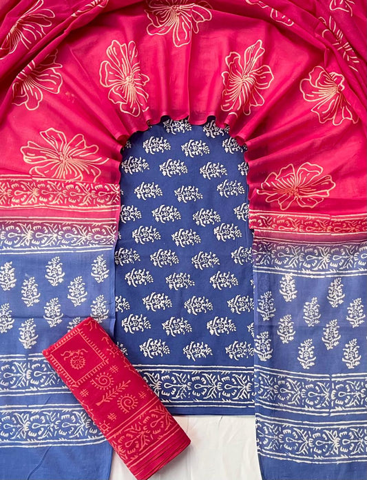 Pure Soft Cotton Hand Block Printed Suit Set With Cotton Dupatta