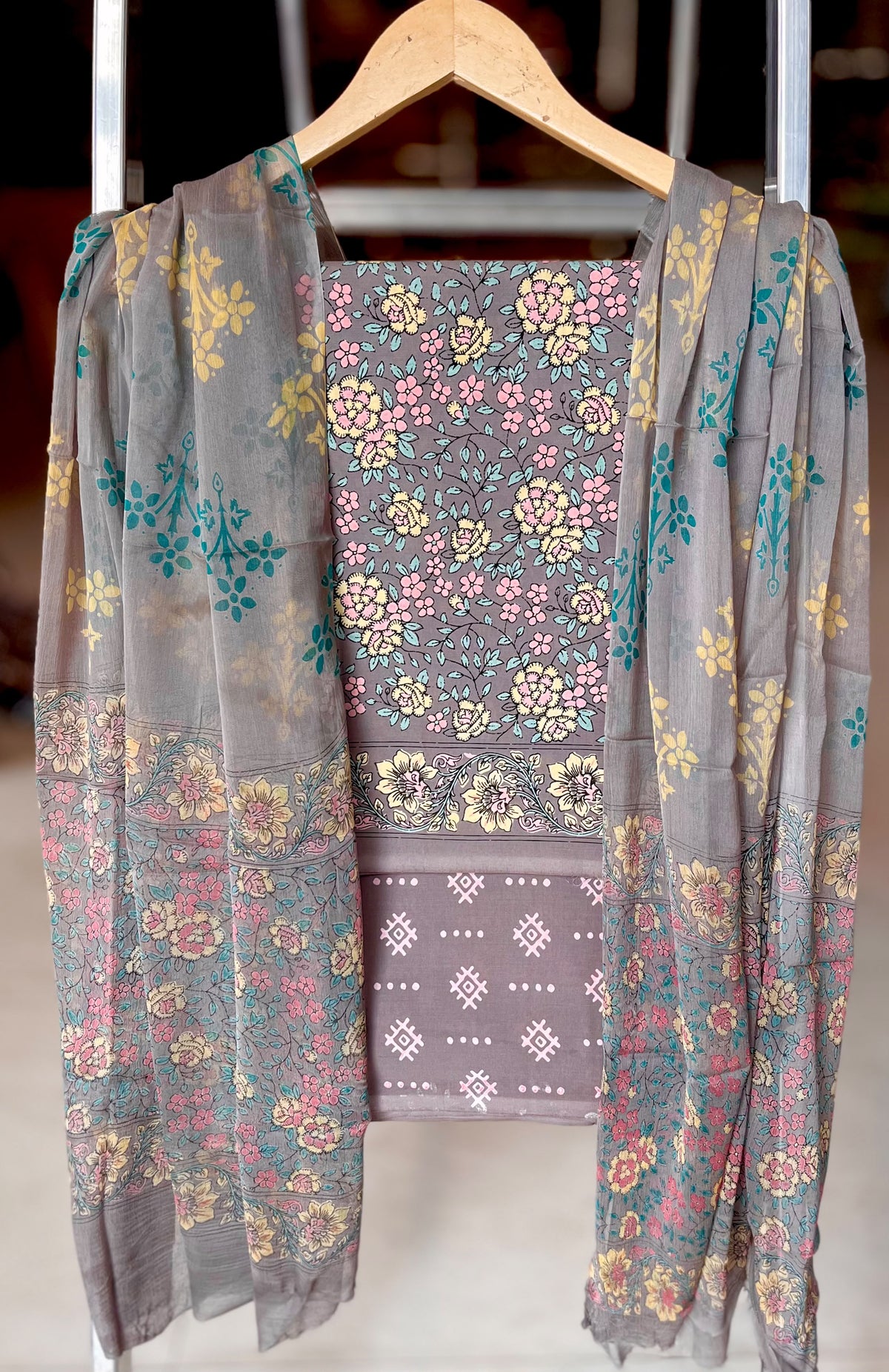 Pure Cotton Hand Block Printed Suit Set With Chiffon Dupatta
