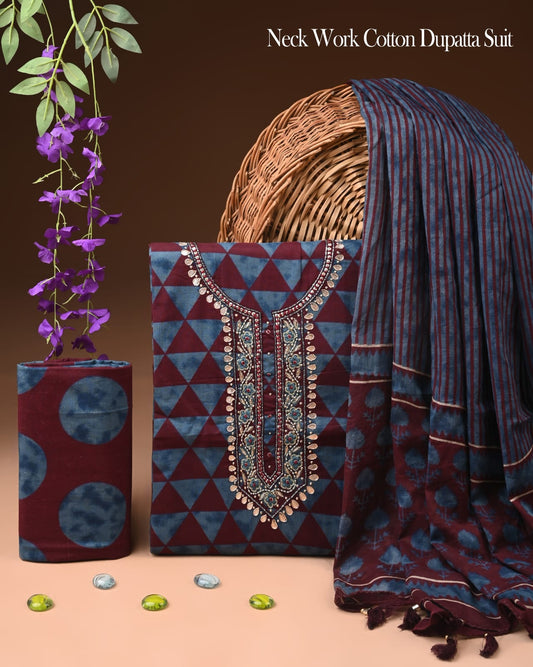 Premium Gota Patti Work Cotton Suit Set With Chiffon Dupatta